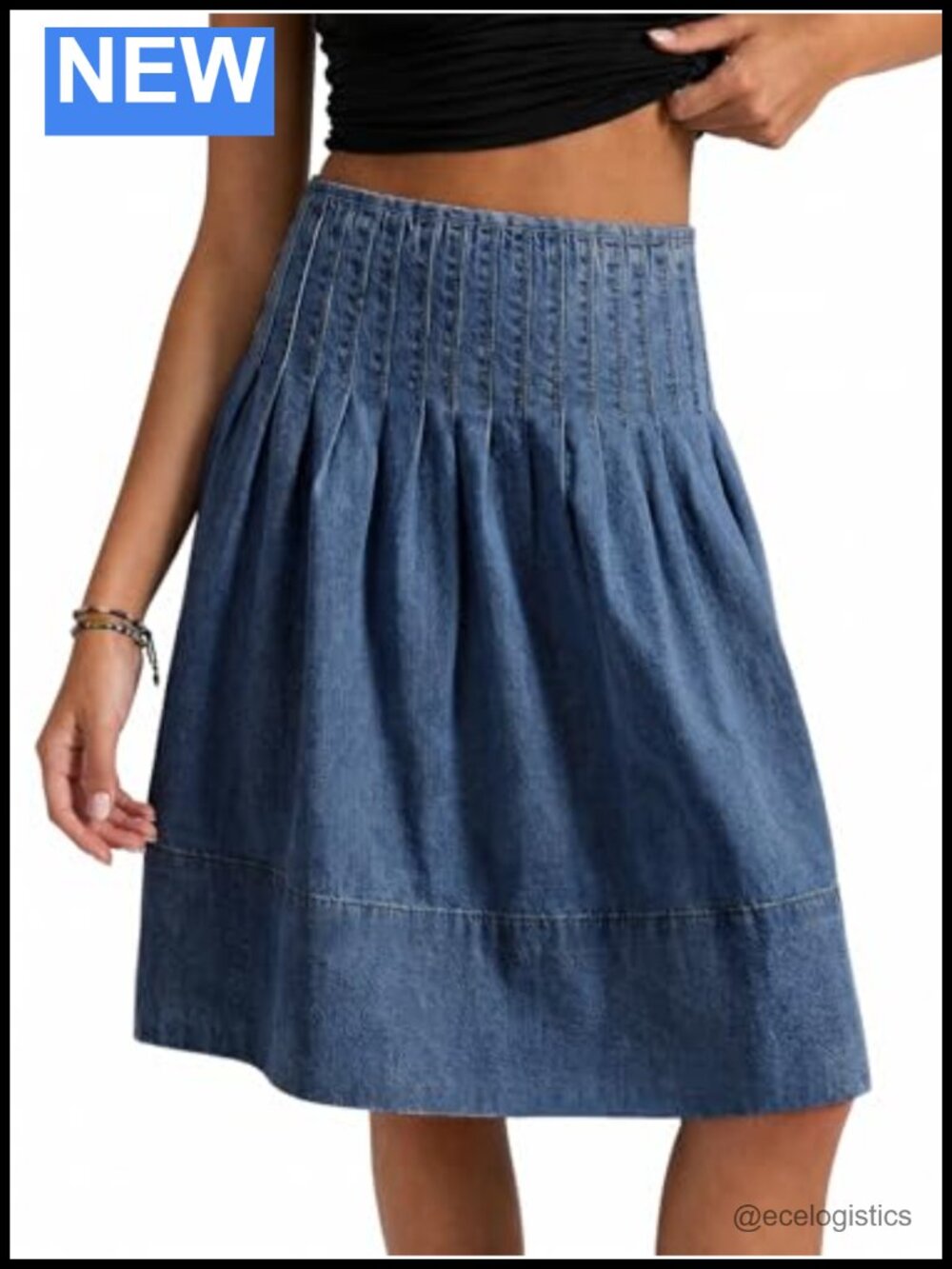High Waisted Pleated Denim Midi Skirt A-Line Cotton Blend Jean Skirt